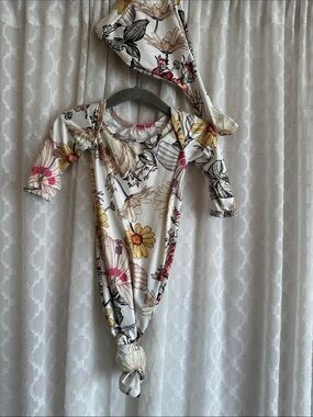 #910 Floral Knit Baby Gown with Matching Hat - Cream with Yellow & Pink Flowers